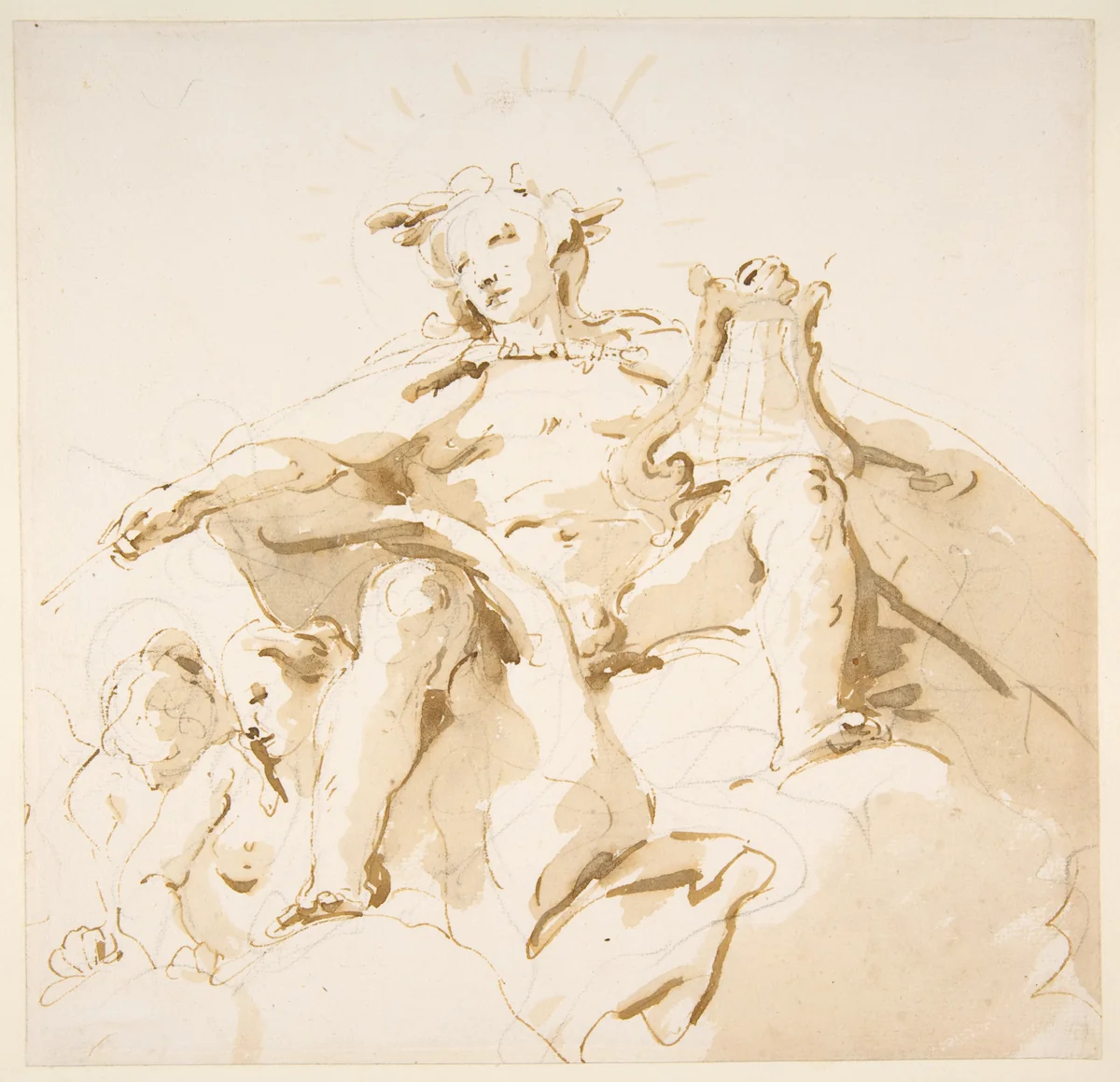 Apollo Seated on Clouds, Two Figures at Left by Giovanni Battista Tiepolo, drawing, 1696-1770