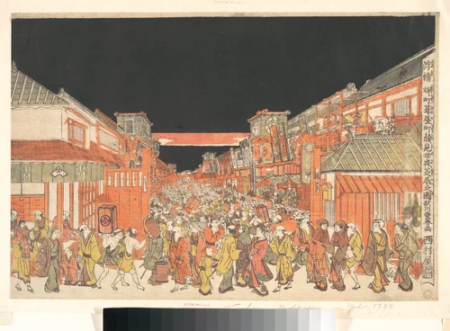 Perspective Print (Uki-e) of the Theaters in Sakaichō and Fukiyachō on Opening Night by Utagawa Toyoharu, print, 1770-1790