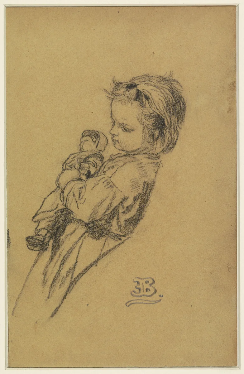 Portret van Stéphania Maria Anna Isabella de Block-Loor, staande met pop by Eugène François de Block, drawing, 1860