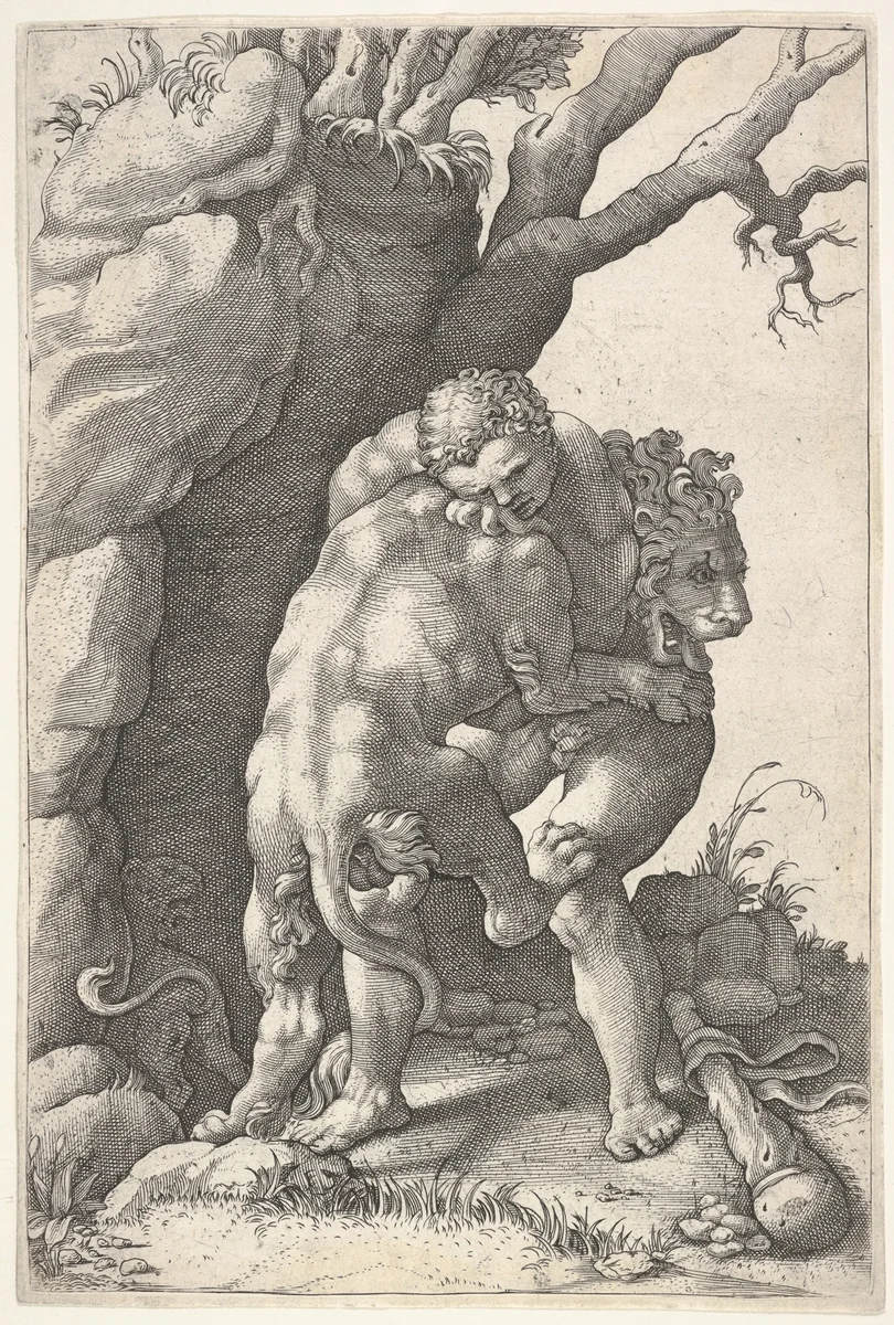 Hercules and the Nemean Lion: Hercules grasps the shoulders and chest of the lion, which is viewed from the back, beside a rocky outcrop by Adamo Scultori, print, 1530-1587