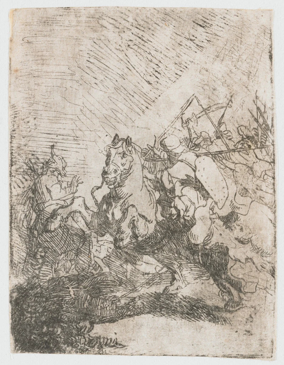 A cavalry fight by Rembrandt van Rijn, print, 1629
