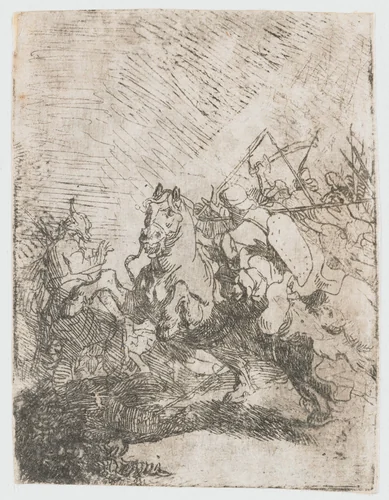 A cavalry fight by Rembrandt van Rijn, print, 1629