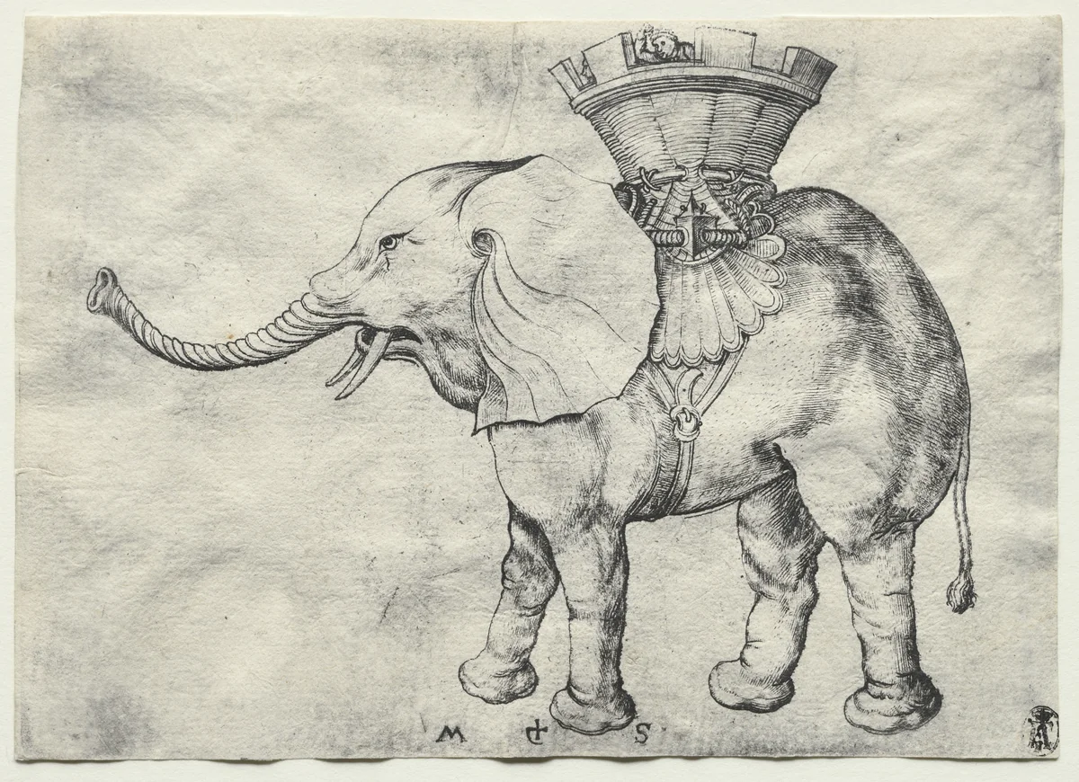 An Elephant with Howdah by Martin Schongauer, print, 1480-1490