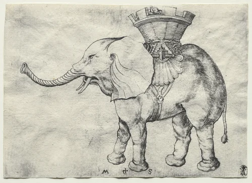 An Elephant with Howdah by Martin Schongauer, print, 1480-1490