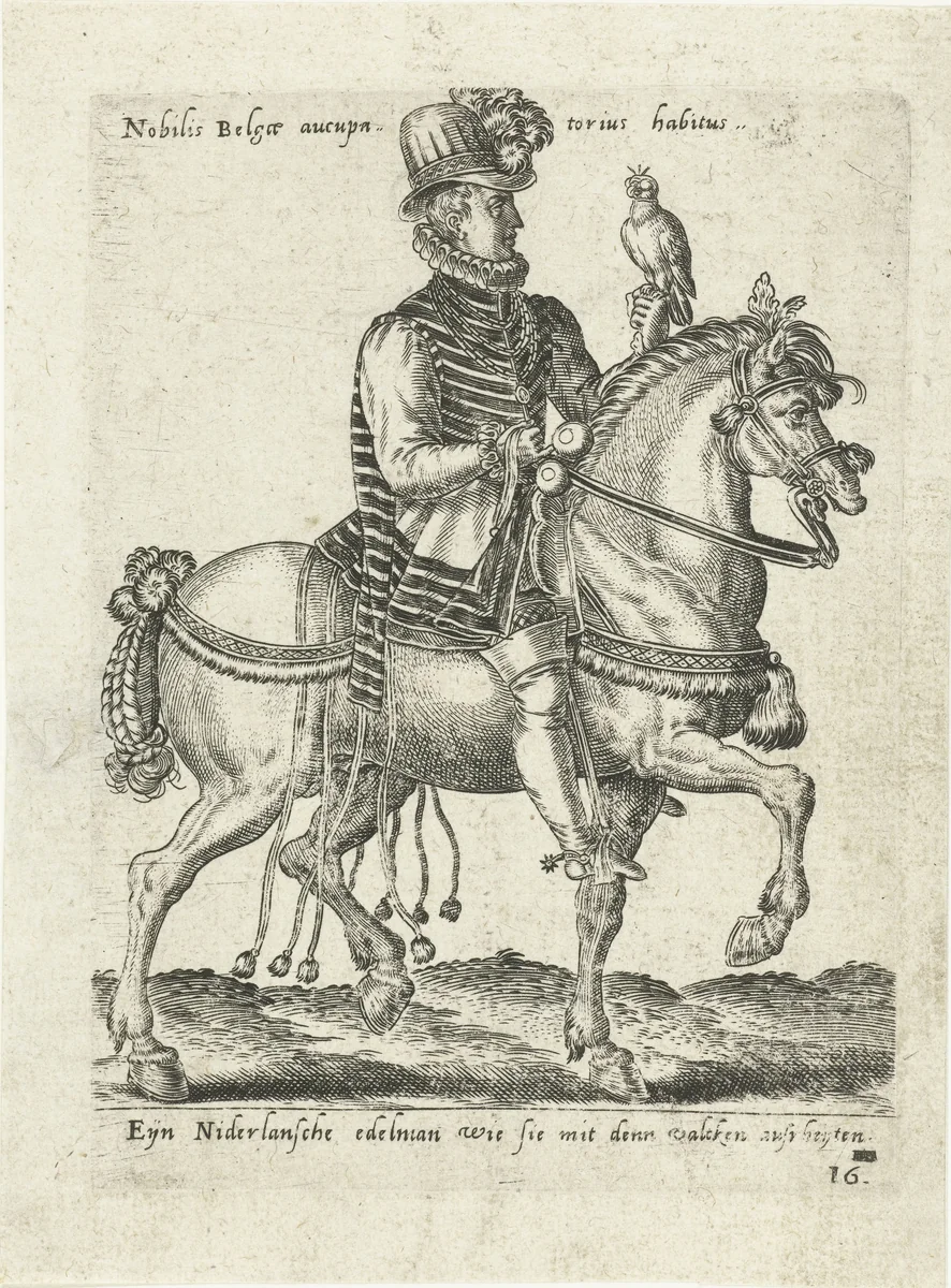 Nederlandse edelman op valkenjacht te paard by Unknown, print, 1577
