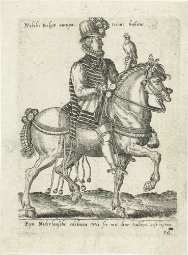 Nederlandse edelman op valkenjacht te paard by Unknown, print, 1577