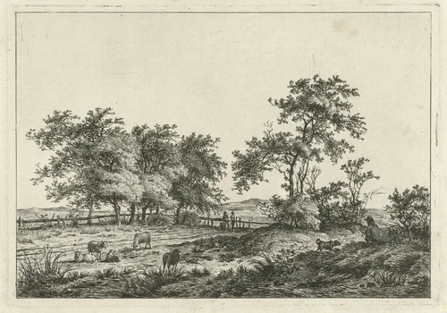 Landschap met tekenaar en hond by Hermanus Fock, print, 1781-1822
