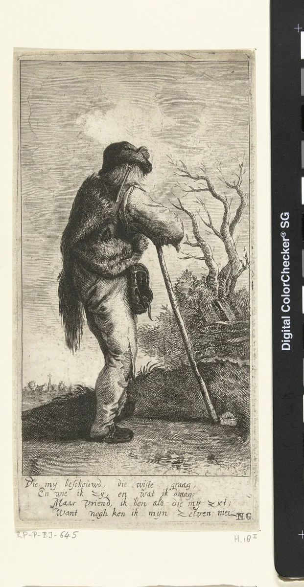 Man die op een stok leunt by Hendrik Bary, print, 1657-1679