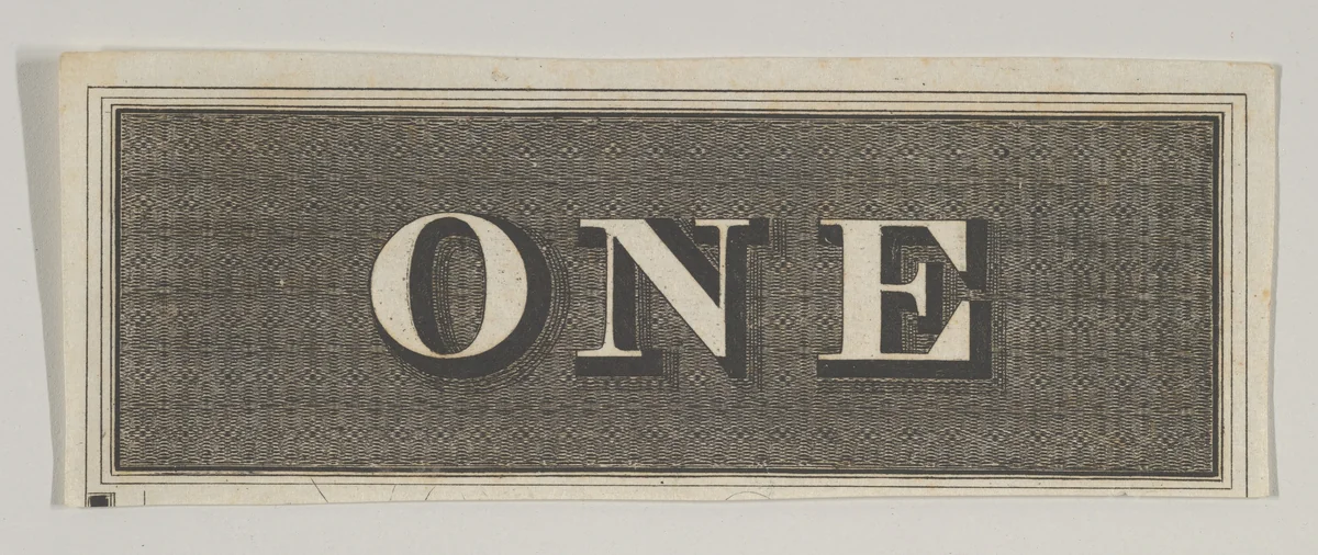 Banknote motif: the word ONE against a rectangle of ornamental basket-like lathe work by Cyrus Durand, print, 1819-1847