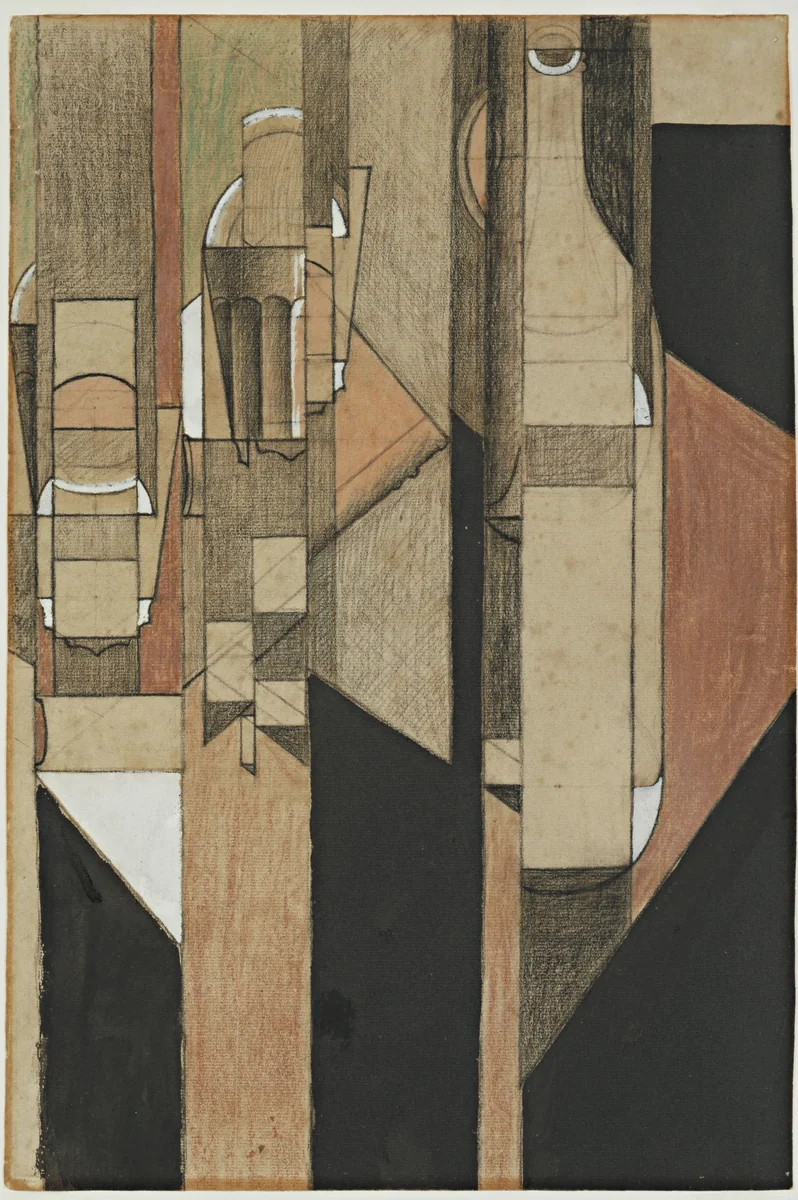 Glass and Bottle by Juan Gris, drawing, 1913
