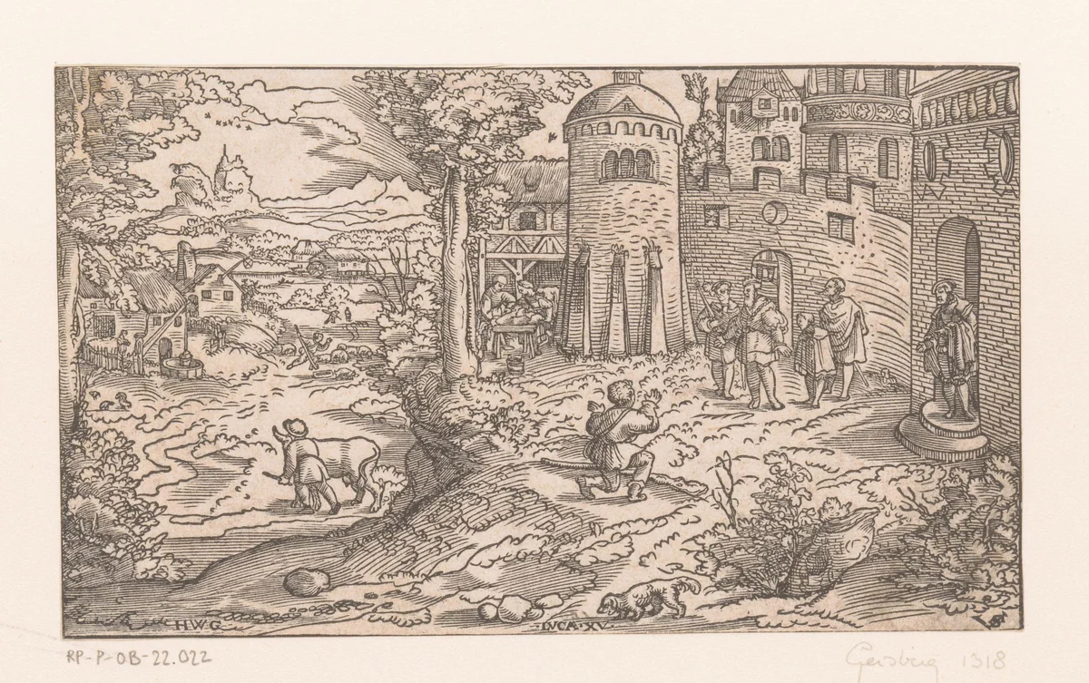 Landschap met de thuiskomst van de verloren zoon by Unknown, print, 1524-1562
