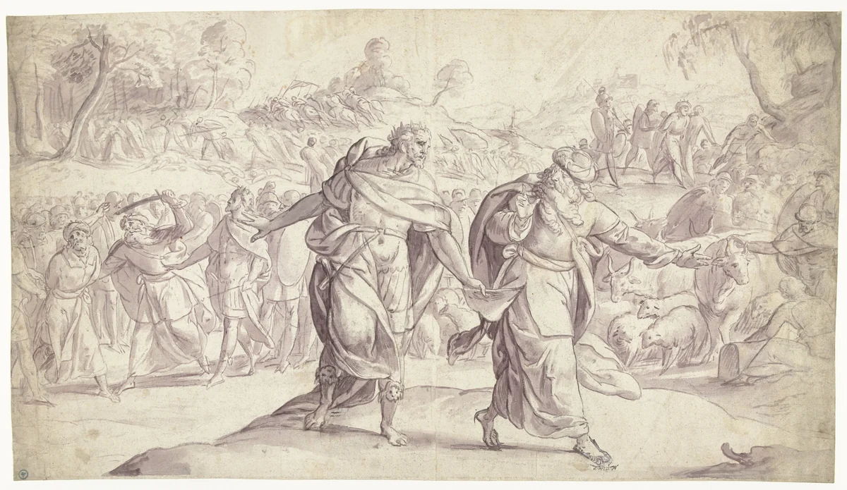 Jozua laat de vijf koningen van de Ammonieten terechtstellen by Frans Francken, drawing, 1552-1616