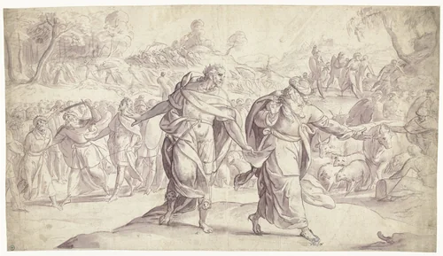 Jozua laat de vijf koningen van de Ammonieten terechtstellen by Frans Francken, drawing, 1552-1616