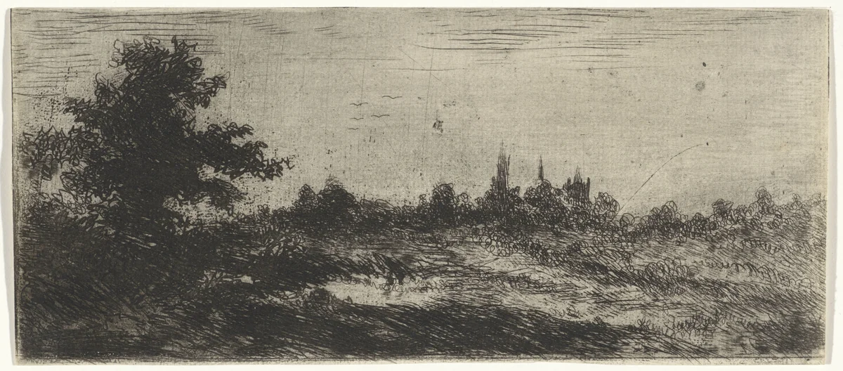 Landschap met kerktorens in de verte by Arnoud Schaepkens, print, 1831-1904