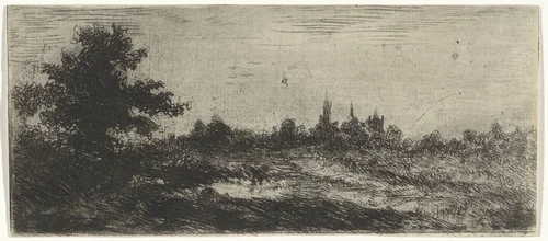 Landschap met kerktorens in de verte by Arnoud Schaepkens, print, 1831-1904