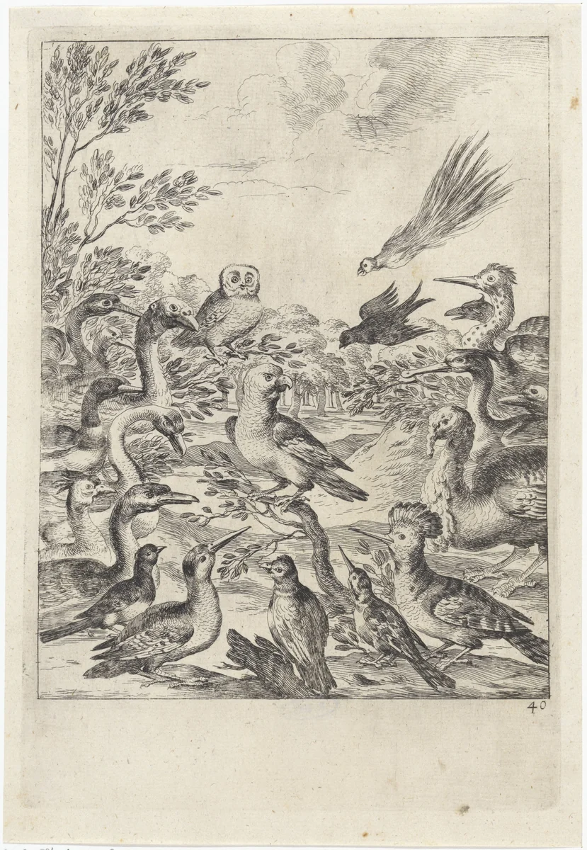 Parlement van vogels by Dirk Stoop, print, 1665