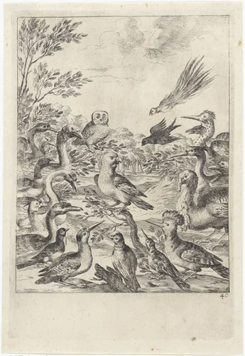 Parlement van vogels by Dirk Stoop, print, 1665