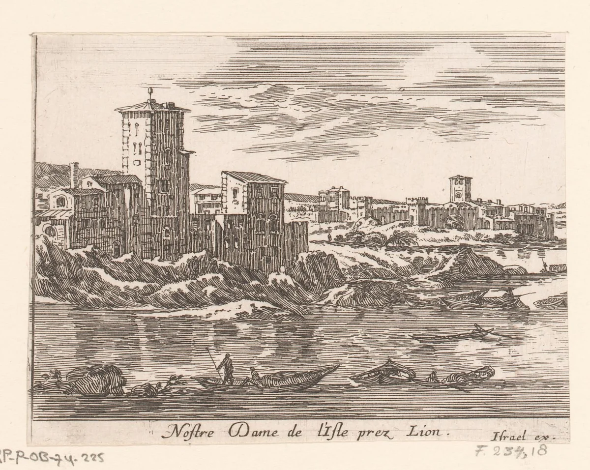 Gezicht op Notre Dame op het île Barbe bij Lyon by Israël Silvestre, print, 1652