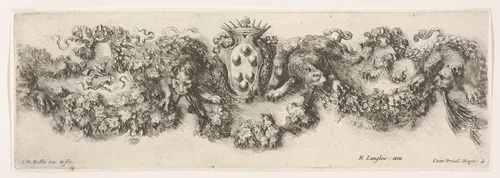 Design for a Frieze with Felines holding up a Garland and the Medici Coat of Arms in the Center, plate 2 from "Decorative friezes and foliage" (Ornamenti di fregi e fogliami) by Stefano della Bella, print, 1645-1650