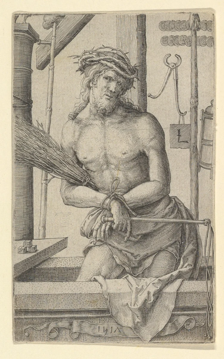 Christ as the Man of Sorrows with the Instruments of the Passion. by Lucas van Leyden, print, 1517