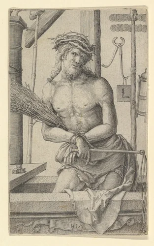 Christ as the Man of Sorrows with the Instruments of the Passion. by Lucas van Leyden, print, 1517
