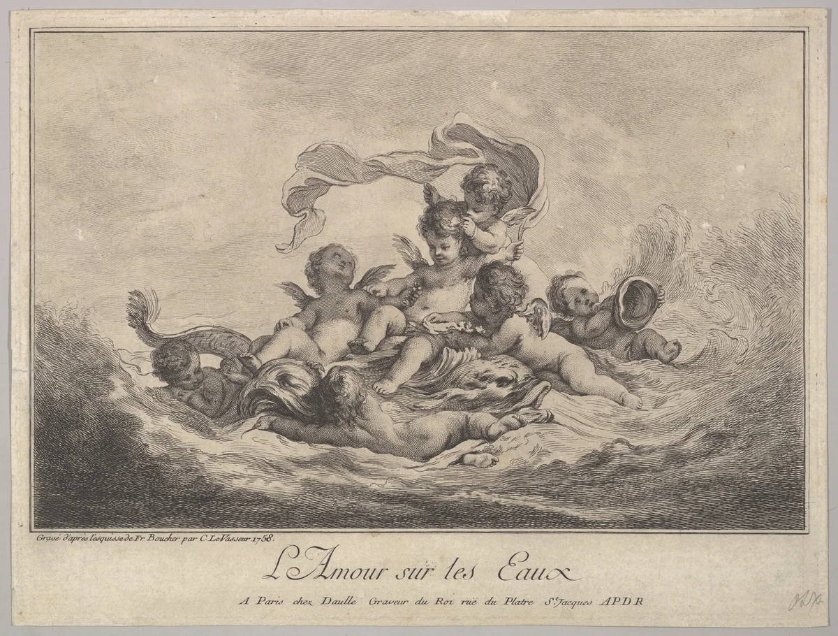 Cupid on Water by Jean Charles Le Vasseur, print, 1758