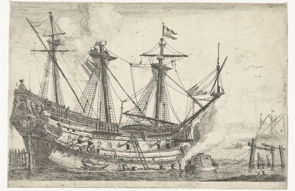 Reparaties aan een groot zeilschip by Reinier Nooms, print, 1656-1659