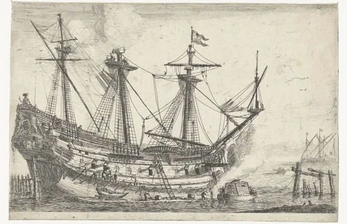 Reparaties aan een groot zeilschip by Reinier Nooms, print, 1656-1659
