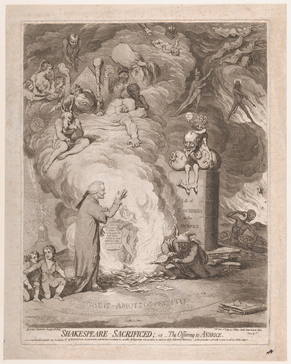 Shakespeare – Sacrificed; or, The Offering to Avarice by James Gillray, print, 1789