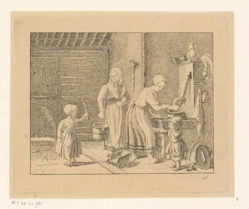 Vrouwen en kinderen in interieur bij waterpomp by Pieter de Mare, print, 1779-1796