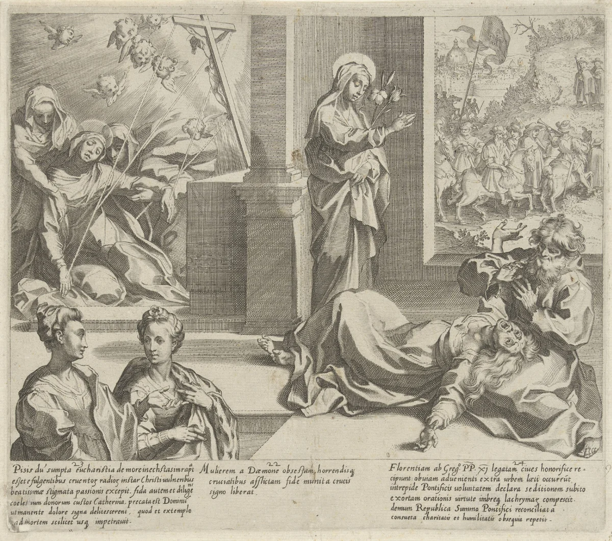 Catharina ontvangt de stigmata van Christus / Catharina verlost een bezetene van haar demonen / Paus Gregorius XI keert terug naar Italië by Pieter de Jode, print, 1597