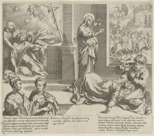 Catharina ontvangt de stigmata van Christus / Catharina verlost een bezetene van haar demonen / Paus Gregorius XI keert terug naar Italië by Pieter de Jode, print, 1597