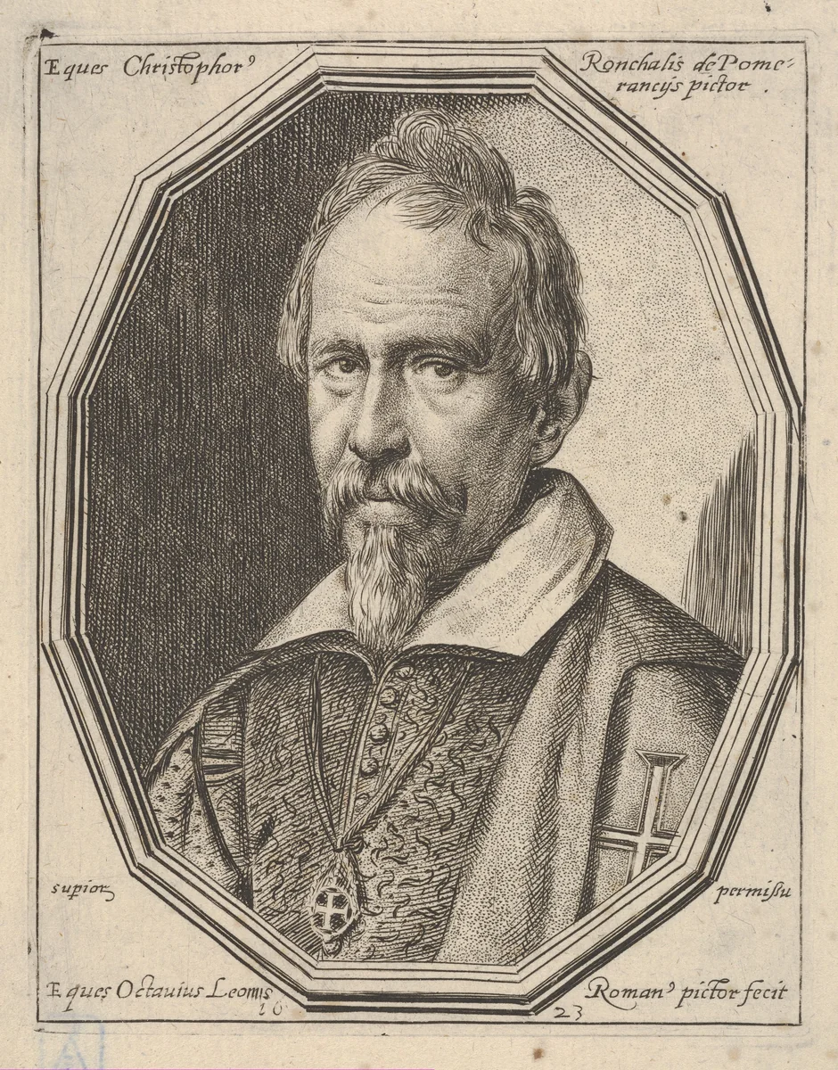Christoforo Roncalli, called Pomerancio, a bust-length portrait in a twelve-sided frame by Ottavio Leoni, print, 1623