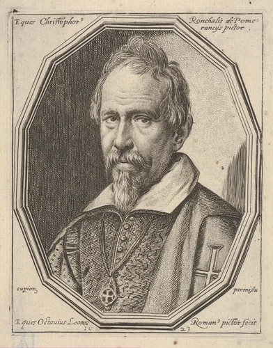 Christoforo Roncalli, called Pomerancio, a bust-length portrait in a twelve-sided frame by Ottavio Leoni, print, 1623