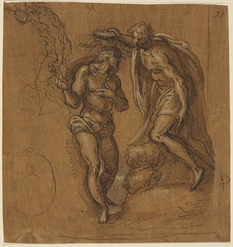 Sketch for a Baptism of Christ by Jacopo Palma il Giovane, drawing, 1548-1628