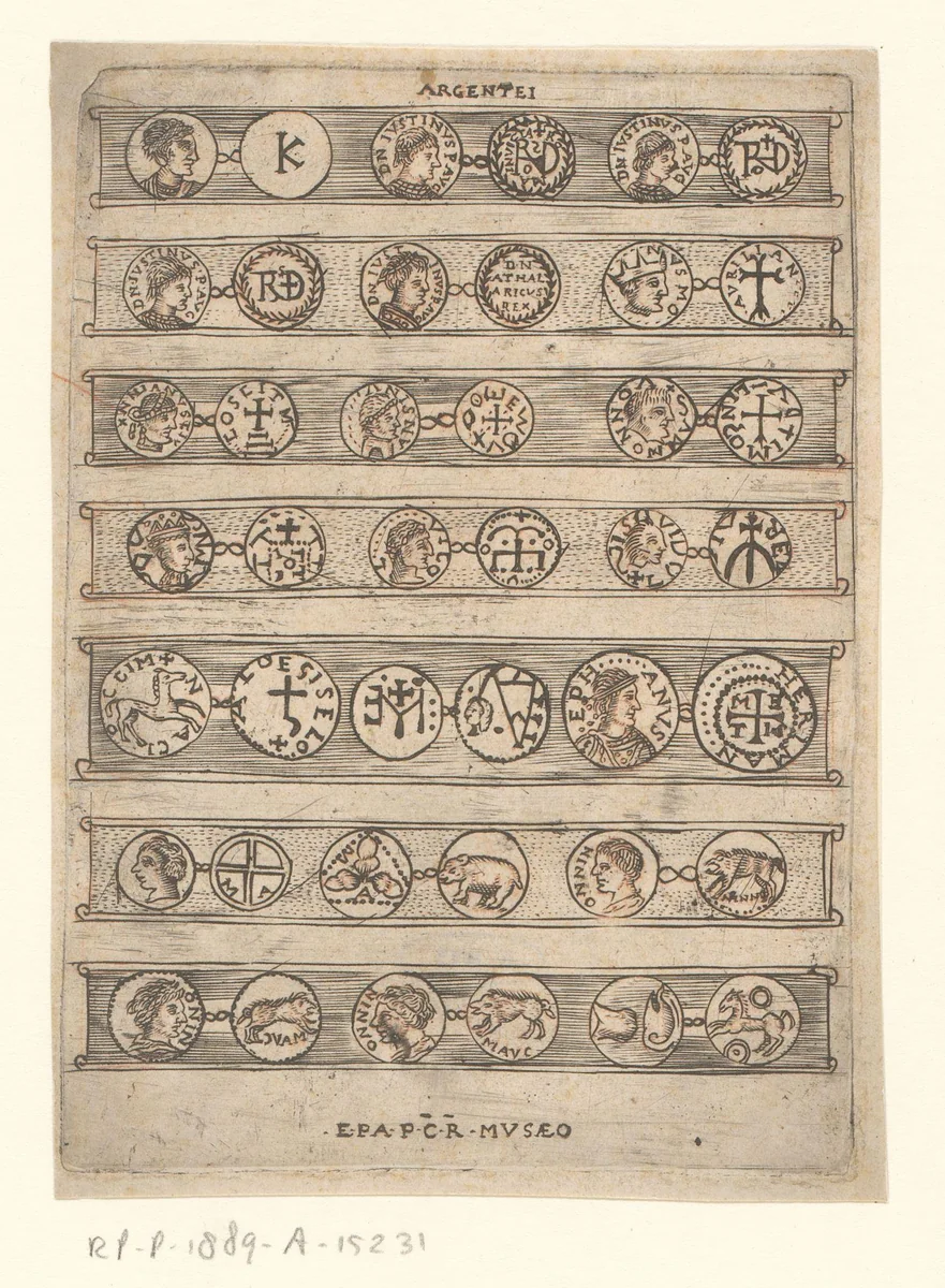 Voor- en achterzijde van eenentwintig antieke en middeleeuwse zilveren munten by anonymous, print, 1550-1650