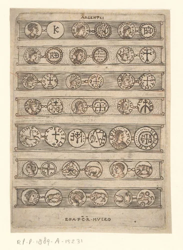 Voor- en achterzijde van eenentwintig antieke en middeleeuwse zilveren munten by anonymous, print, 1550-1650
