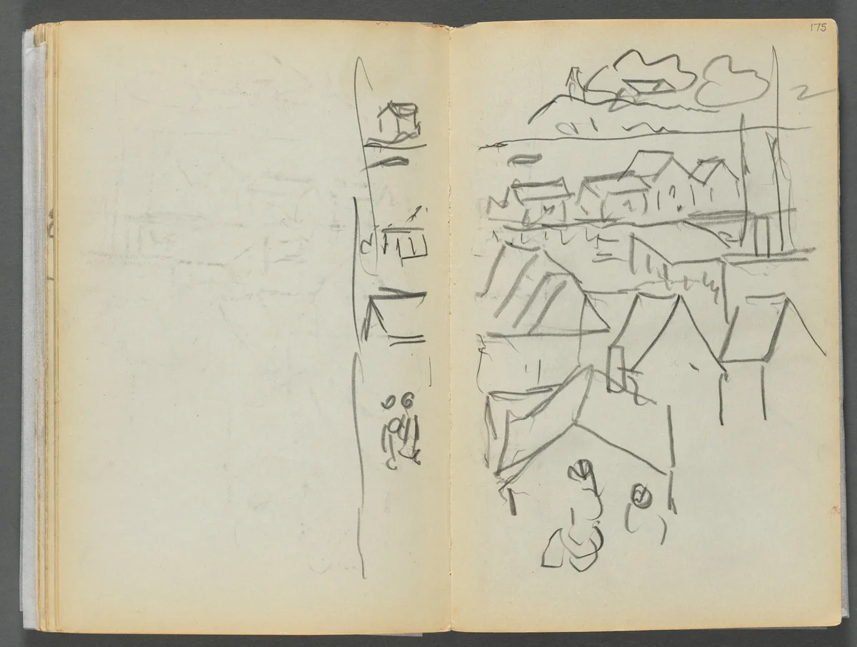 Sketchbook- The Granite Shore Hotel, Rockport, page 174 & 175: Houses by Maurice Prendergast, book, 1905-1910