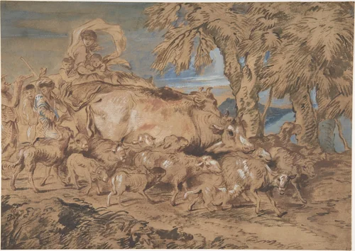 Pastoral Scene: Nomads with Sheep and Cattle by Giovanni Benedetto Castiglione, drawing, 1609-1664