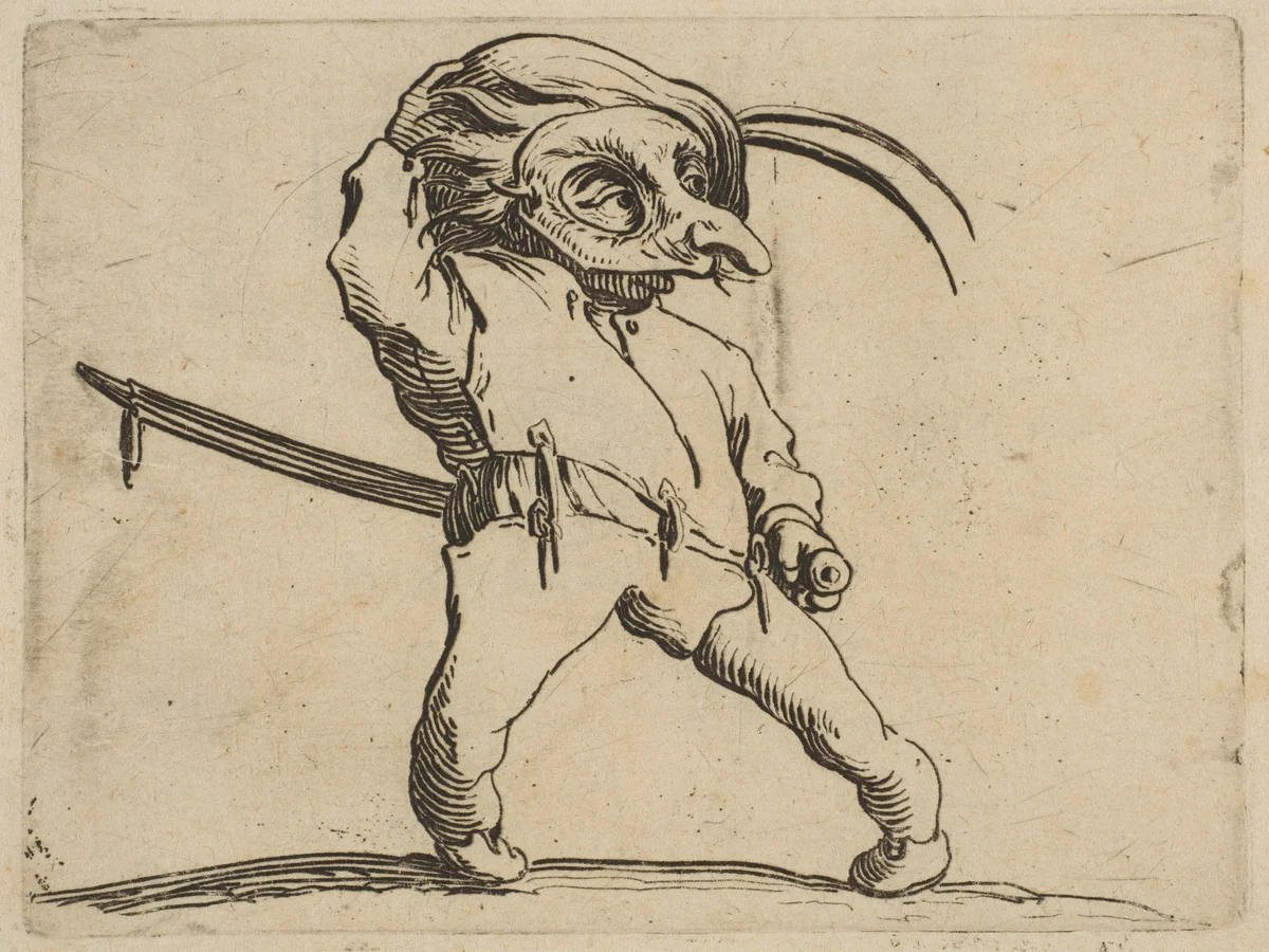 L'Homme Masqué aux Jambes Torses (The Masked Man with Crooked Legs), from "Varie Figure Gobbi, suite appelée aussi Les Bossus, Les Pygmées, Les Nains Grotesques" (Various Hunchbacked Figures, The Hunchbacks, The Pygmes, The Grotesque Dwarfs) by Jacques Callot, print, 1616-1622