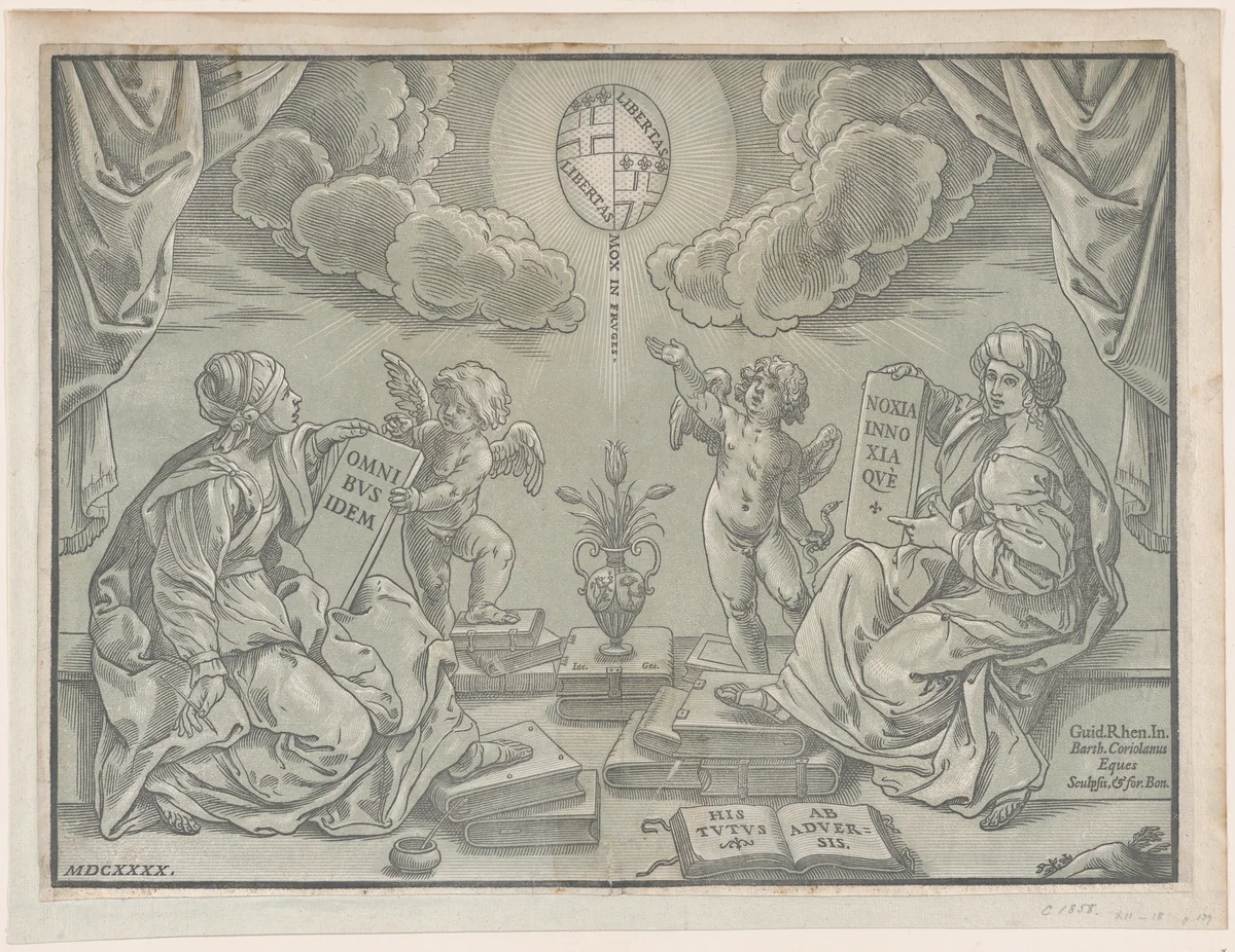 Allegory of a thesis, two women hold inscribed tablets by Bartolomeo Coriolano, print, 1640