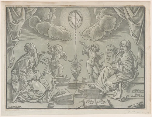 Allegory of a thesis, two women hold inscribed tablets by Bartolomeo Coriolano, print, 1640