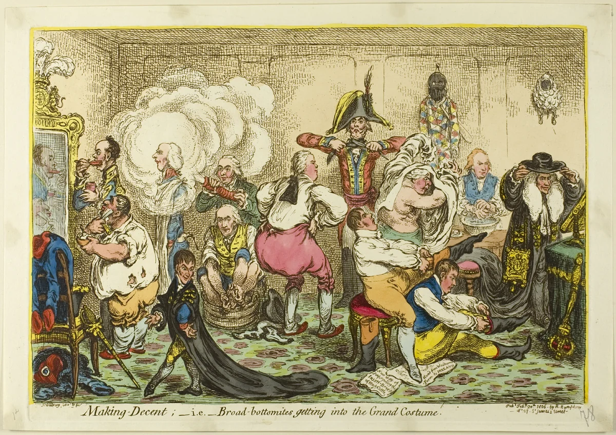 Making Decent; i.e. Broad-Bottomites Getting into the Grand Costume by James Gillray, print, 1806