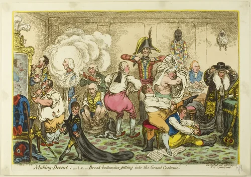 Making Decent; i.e. Broad-Bottomites Getting into the Grand Costume by James Gillray, print, 1806