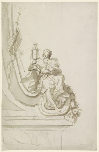 Voluut met zittende vrouw by anonymous, drawing, 1700-1800