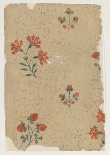 Sheet with overall dot pattern with bouquets by anonymous, print, 1800-1900