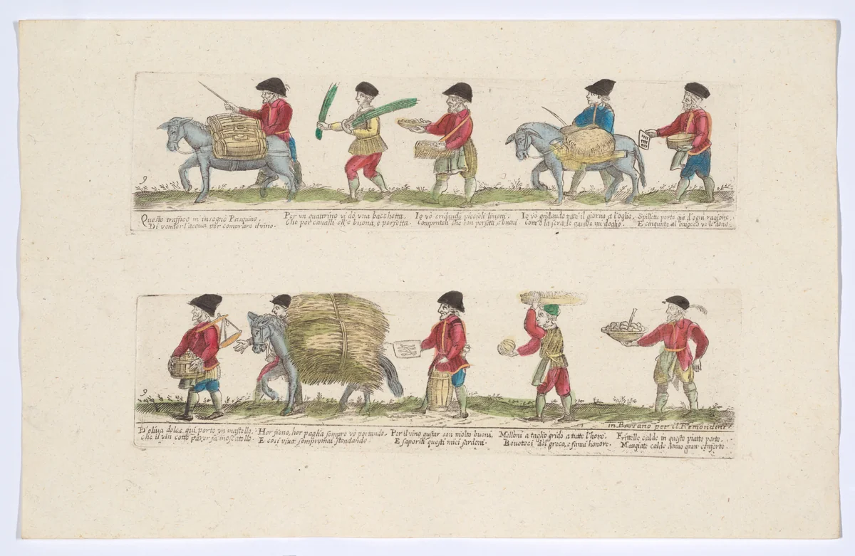 Plate 9 depicting the trades of Rome, here including vendors of water, sardines, melons etc, from the 'Descrición de las artes que se llaman para los calles de la ciudad de Roma' by Remondini, print, 1765-1805