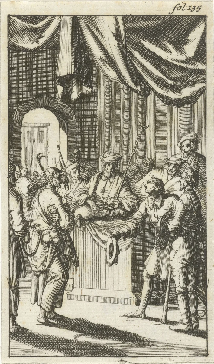 Pleidooi voor de rechtbank van Armoede tegen Gierigheid by Jan Luyken, print, 1687