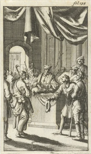 Pleidooi voor de rechtbank van Armoede tegen Gierigheid by Jan Luyken, print, 1687