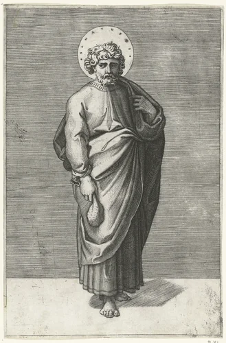 Apostel Matteüs met beurs by Marcantonio Raimondi, print, 1517-1527